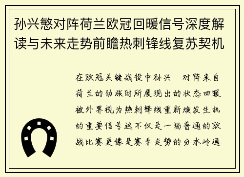 孙兴慜对阵荷兰欧冠回暖信号深度解读与未来走势前瞻热刺锋线复苏契机 孙兴慜对阵荷兰欧冠回暖信号深度解读与未来走势前瞻热刺锋线复苏契机